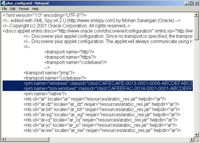 About running Discoverer Plus with different Java Virtual Machines Figure 4 6 Plus_config.xml showing the JVM parameters (highlighted) Notes Do not specify JDK 1.4.1 as the JVM on machines running Windows NT version 4.