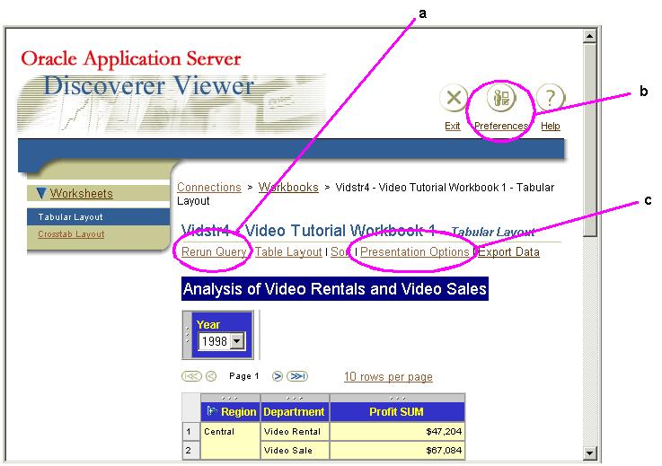 How to display the Rerun Query link, hide the Preferences link, and hide the Presentation Options link 6.