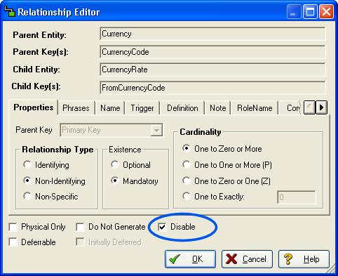 NEW FEATURES SUMMARY Disable: This option is available for the Oracle Platform only. If selected, disables the foreign key of a child entity.