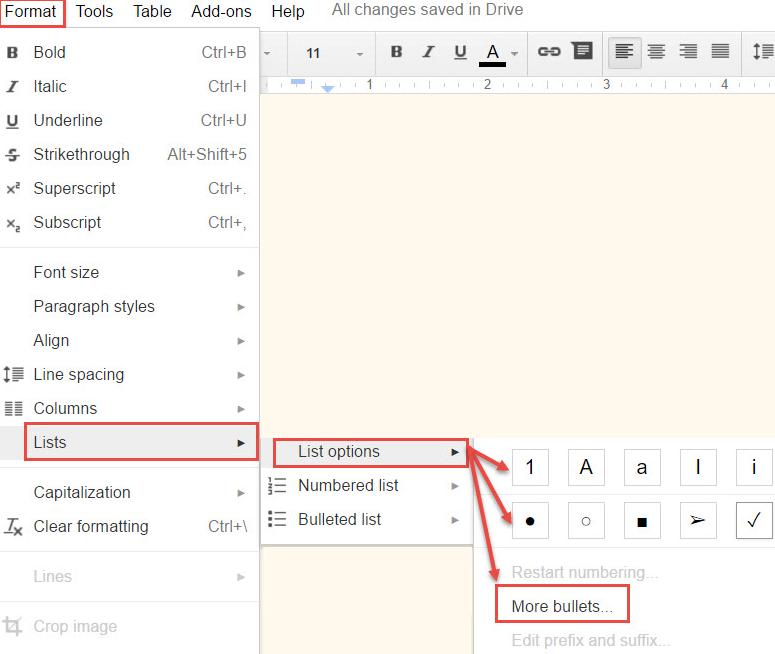 Edit a List or Bulleted Items You can change the bullet type, indents, prefixes, and suffixes of a list. Choose a New Bullet Type 1.