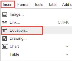 Equations You can insert mathematical equations into your Google docs. 1. Place the cursor, in the document where you would like the equation to appear. 1. From the top Menu, click Insert. 2.