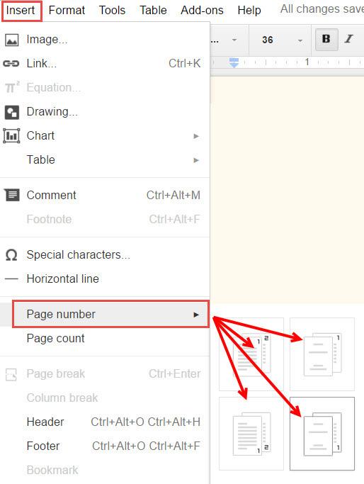 Page Numbers You can add page numbers and the number of total pages to a document. Google Docs 1. In the top left, click Insert. 2. Select Page number. 3.