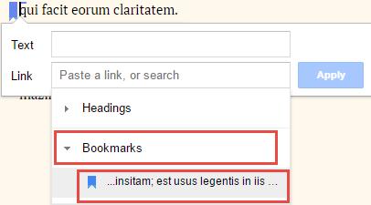 Link to a Bookmark 1. Select the bookmarked text you want to associate with the link. 2. Click Insert. 3. Select Link. 4.