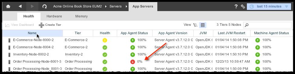 Similarly, if a Standalone Machine Agent is not reporting to the Controller, the Machine Agent Status in the App Servers list displays the same icon.