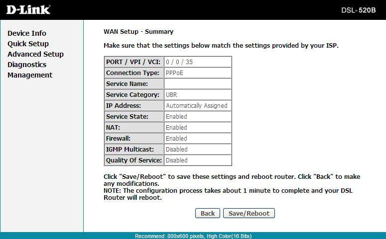 Section 6 - Quick Setup Verify your settings are correct and click Save/Reboot.