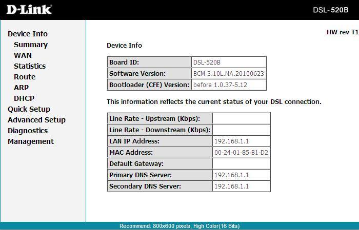 Section 7 - Device Info Device Info The Device Info page shows details of the modem such as the version of the software, bootloader, LAN IP address, etc.