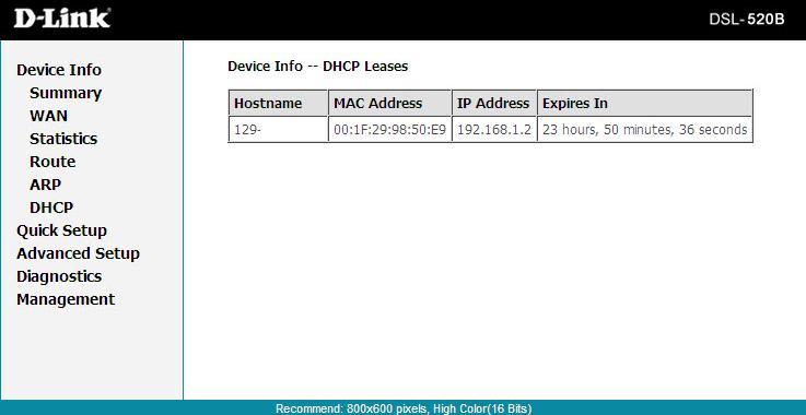 Section 7 - Device Info DHCP The DHCP server is enabled by default for the router s Ethernet LAN interface.