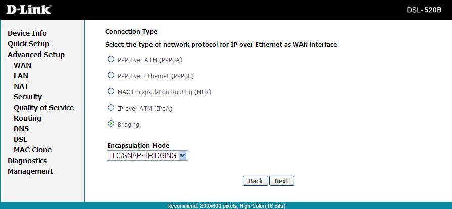 Section 9 - Advanced Setup Connection Type This screen shows the types of network protocols and encapsulation modes that can be configured.