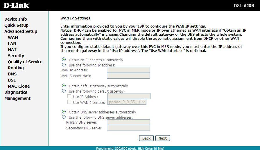 Section 9 - Advanced Setup MAC Encapsulation Routing (MER) or DHCP This page allows you to configure your MER/DHCP connection. Obtain an IP address automatically: This is the default option.