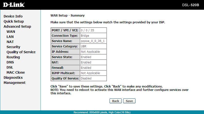 Section 9 - Advanced Setup WAN Setup Summary (Bridging) Confirm the settings on this page match the settings provided by your ISP.