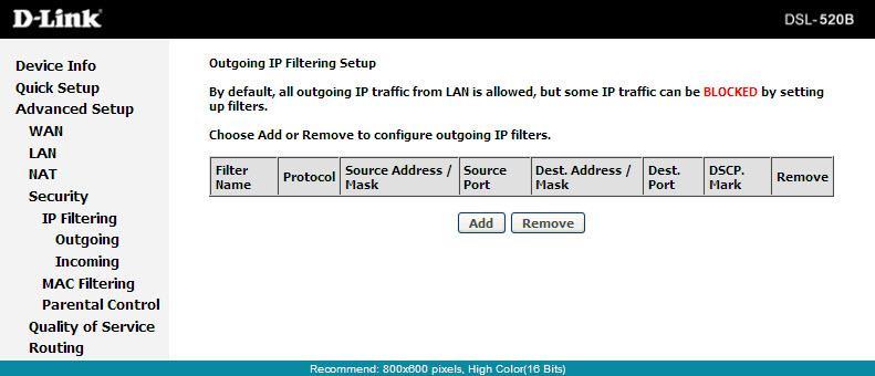 Section 7 - Device Info Outgoing Click Security > IP Filtering > Outgoing and the following page will appear.