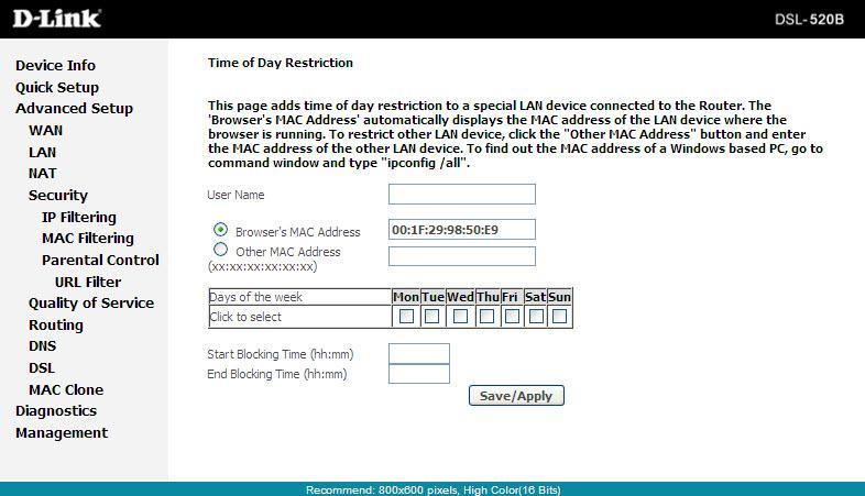 Section 7 - Device Info Click Security > Parental Control. Parental Control Click Add and the following page will appear.