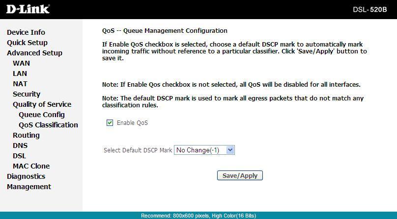 Section 9 - Advanced Setup Enabling QoS In this page, you can perform QoS queue management configuration.