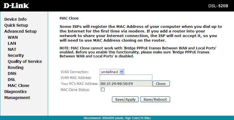 Section 9 - Advanced Setup MAC Clone This page allosw you to clone the MAC address on your router.
