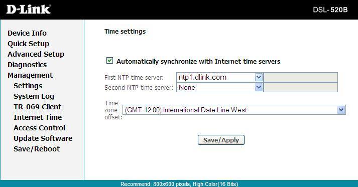Section 11 - Management Internet Time The Time Settings page allows you to automatically synchronize your time with a time server on the Internet.