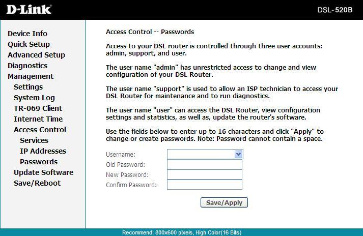 Section 11 - Management Access Control Passwords Access to your DSL router is controlled through three user accounts: Admin, Support, and User.