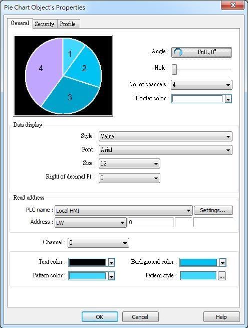 13-250 13.41. Pie Chart 13.41.1. Overview The Pie Chart object draws a pie chart that is divided into slices to illustrate numerical proportion, according to the value of the designated read address.