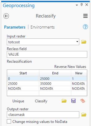 In the reclassification window (not shown), set the Use totcost as your input layer, Add entries by filling in the start, end, and new fields.