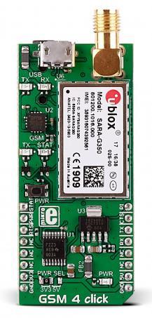 GSM 4 click MIKROE-2388 Weight: 33 g GSM 4 click is a mikrobus add-on board that features the u-blox SARA-G3 series 2.