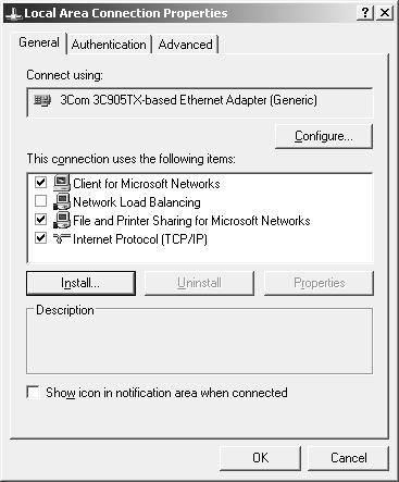Windows Server 2003 For Windows Server 2003, use the following procedure to install the necessary components. 1. Click Start, point to Control Panel, and then select Network Connections.