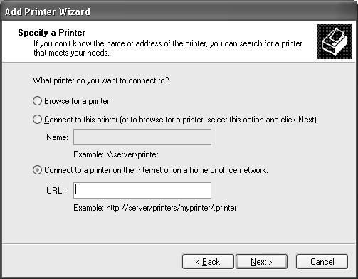 2. Under Printer Tasks, click Add a printer to start the Add Printer wizard, and then click Next. 3. Click A network printer, or a printer attached to another computer, and then click Next. 4.