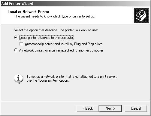 3. Click Local printer attached to this computer, clear the Automatically detect and install my Plug and Play printer check