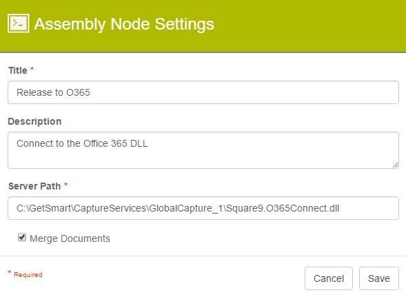 d. Replace your temporary Release Node with a Call Assembly Node to connect the Workflow to your configured repository via the connector DLL file.
