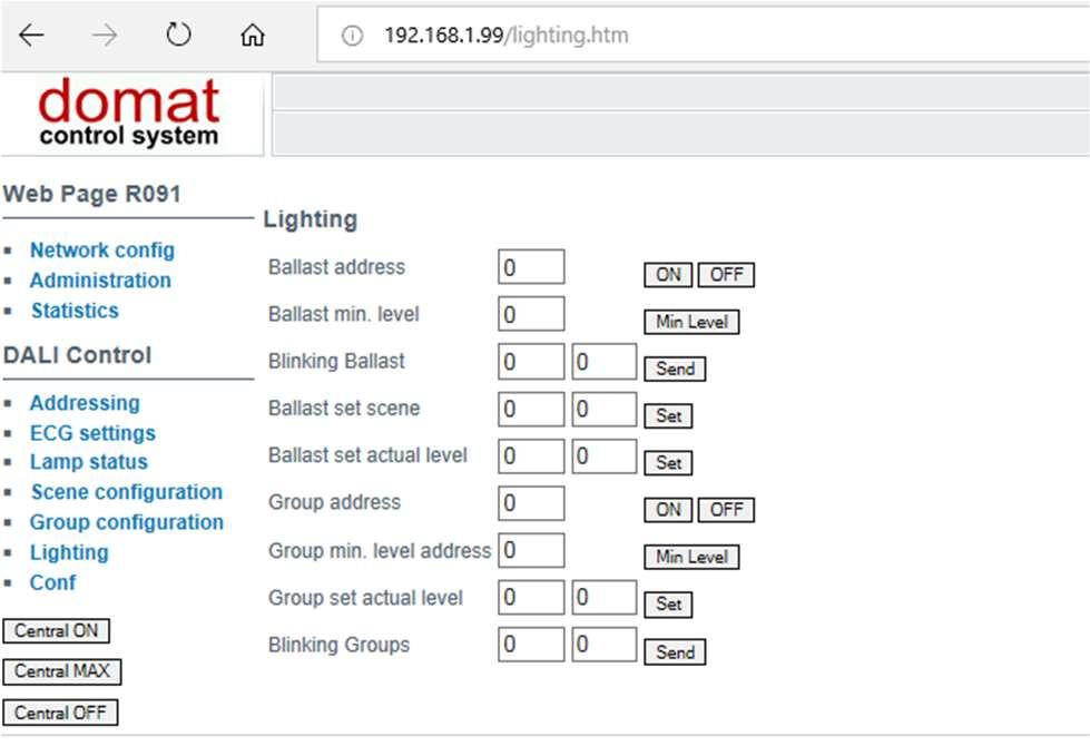 Lighting Menu to control ballasts Ballast address: Address to switch on (ON) or off (OFF) Ballast min. level: Address to set to minimum level (Min.