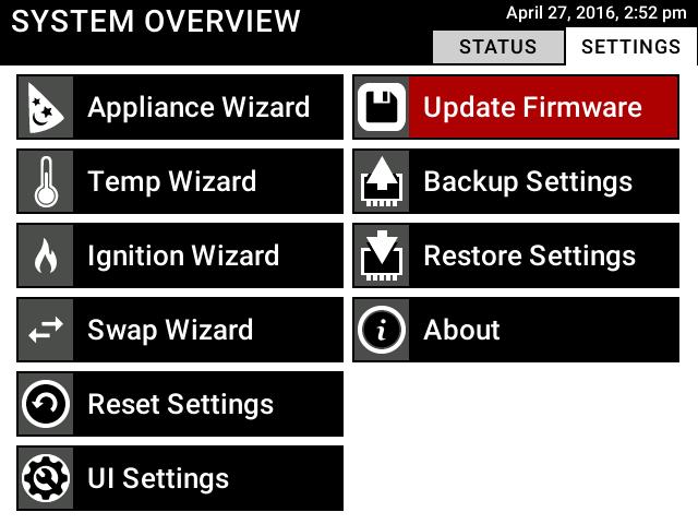 2 Firmware Update Process 1) Navigate through the user interface to the System Overview screen by starting at the top level (pressing the Back Button repeatedly until the screen stops changing will