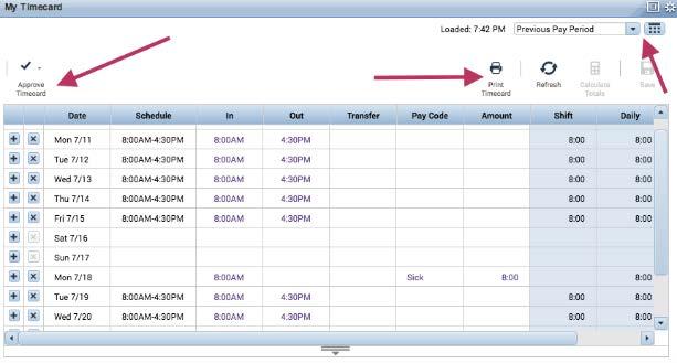 Select Approve Timecard to approve timecard Hover over to see alert (i.e., unexcused absence) The timecard uses