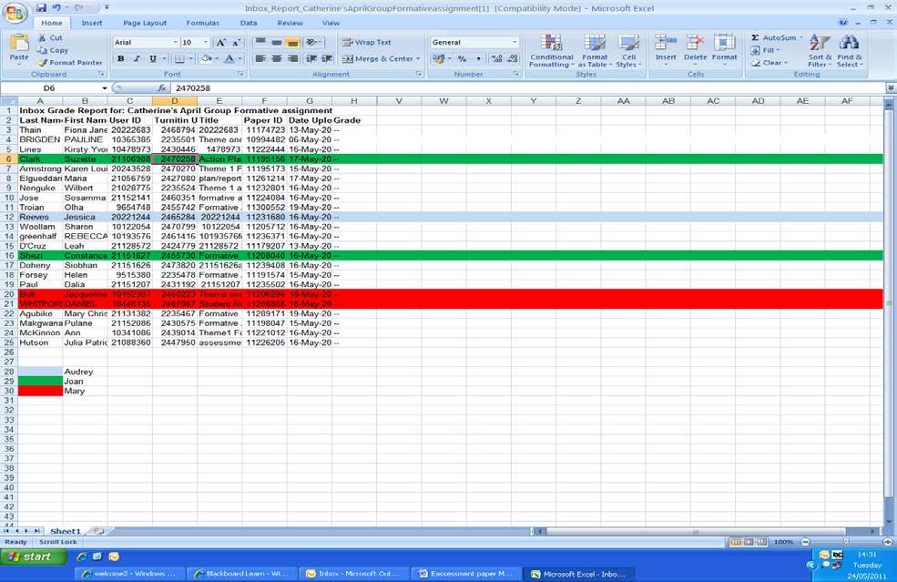From the screen above, clicking Export will export all the student data with marks into an excel spreadsheet (below).