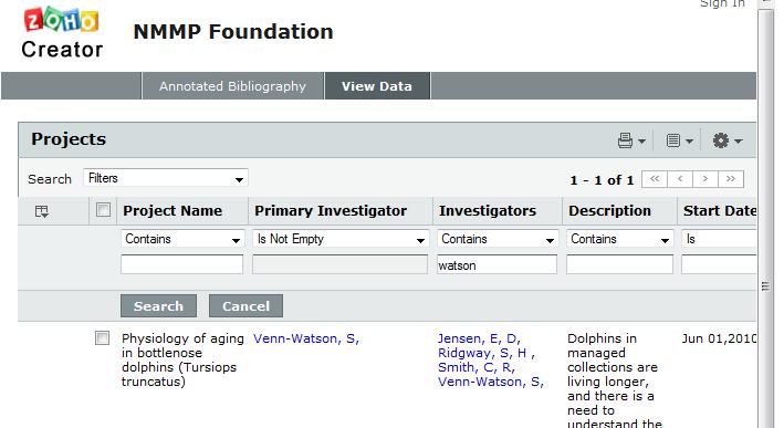 For example, a search for Investigators that "Contains" "watson" combined with instances where the Primary Investigator is "Is Not Empty" and clicking the box titled "Search" returns all of the