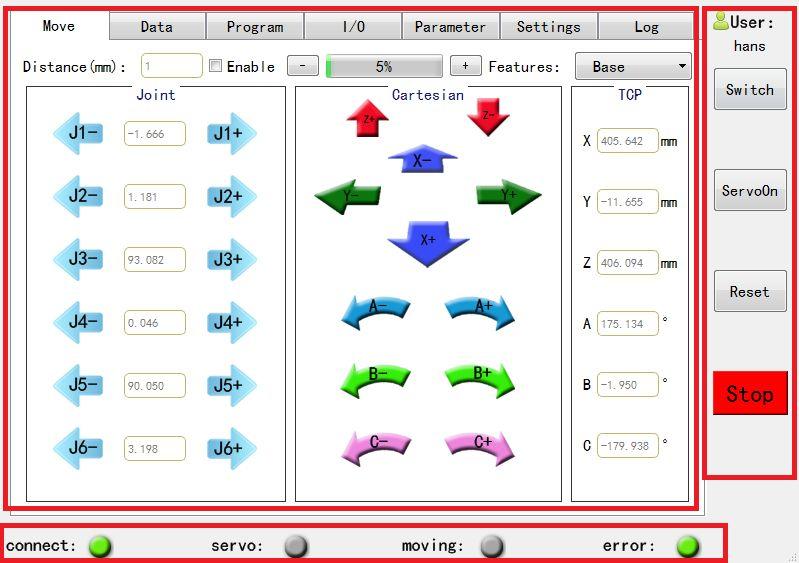 Fig 4.1 main interface window 4.1 Control panel Control panel, which controls the basic operation of a robot. Fig 4.2 control panel 1. User: Displays the name of the currently logged in user. 2.