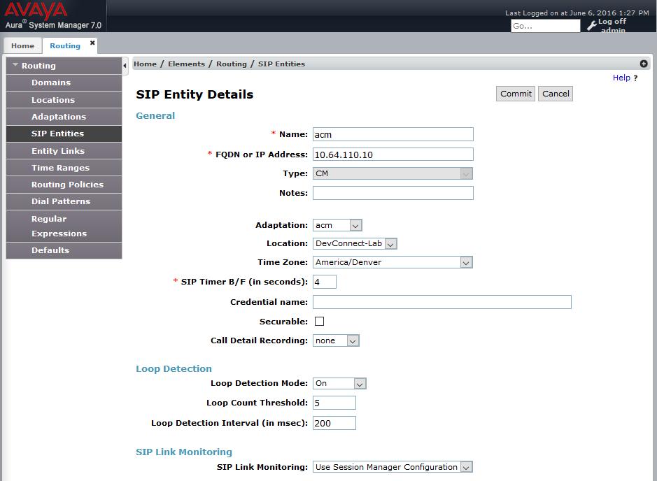 6.3.2 Communication Manager A SIP Entity must be added for the Communication Manager. To add a SIP Entity, select SIP Entities on the left and click on the New button (not shown) on the right.