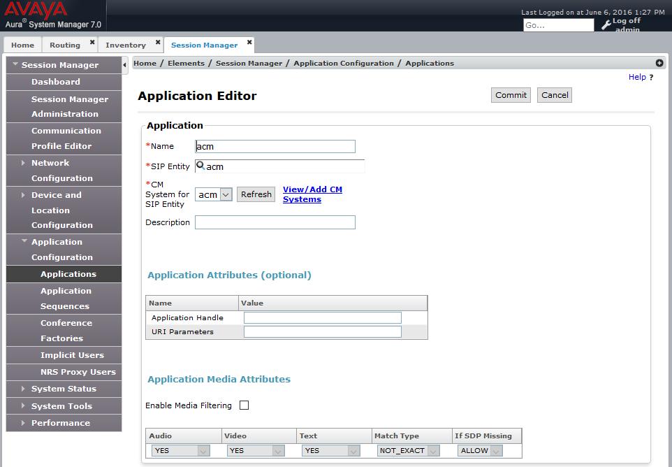 6.6 Add Application Sequence To define an application for Communication Manager, navigate to Home Session Manager Application Configuration Applications on the left and select New button (not shown)