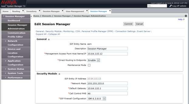 6.8 Add Session Manager To complete the configuration, adding the Session Manager will provide the linkage between System Manager and Session Manager. Navigate to Home Session Manager.