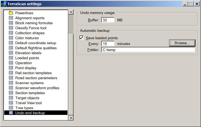 Automatic Backup Settings tool Undo and backup category can specify that an automatic backup will be written of loaded points
