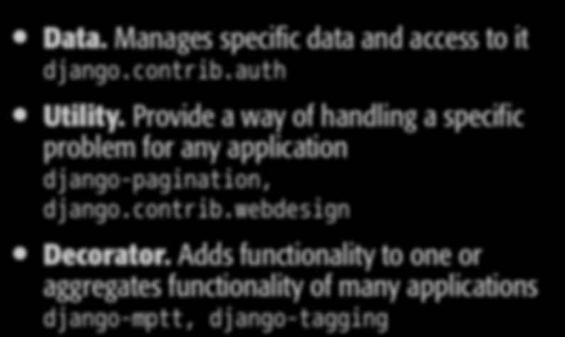 Application Types Data. Manages specific data and access to it Utility.