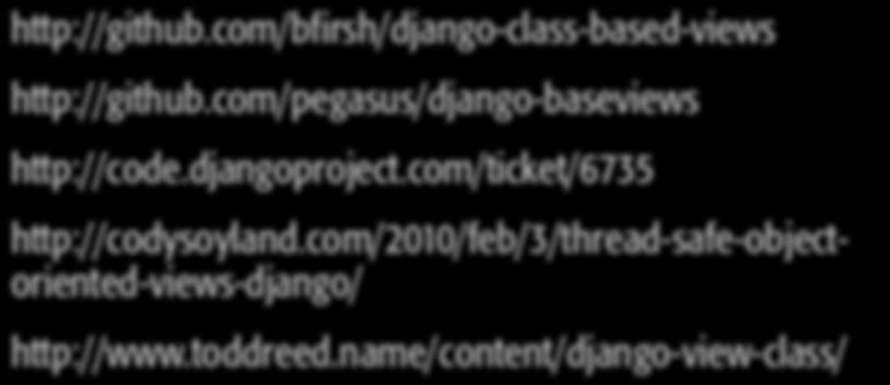 Class-based Views http://github.com/bfirsh/django-class-based-views http://github.com/pegasus/django-baseviews http://code.djangoproject.