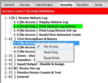 Security tab This tab allow you to set up what is available in the Panel in User Access Level (level 1 of EN54) or, in other words, by accessing the Panel menus by entering the User Code.