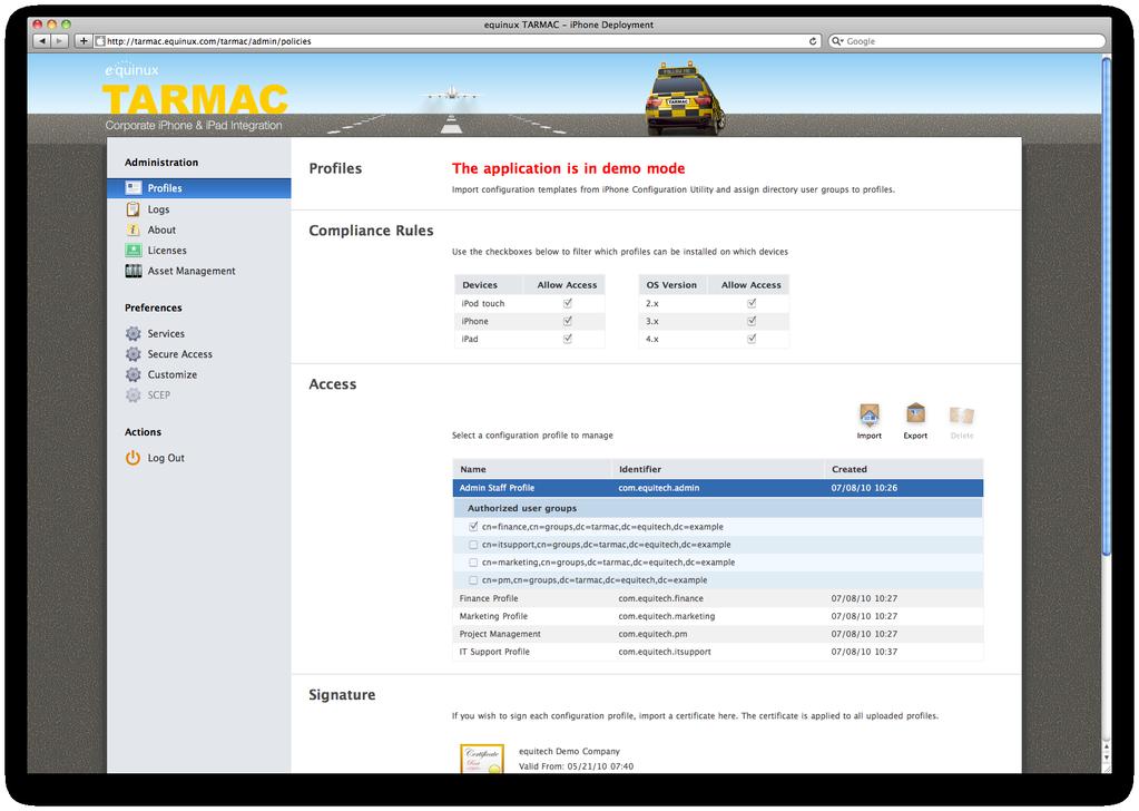 Introducing TARMAC Profiles Import mobile config templates and assign profiles to directory groups. You can also set Compliance Rules here.