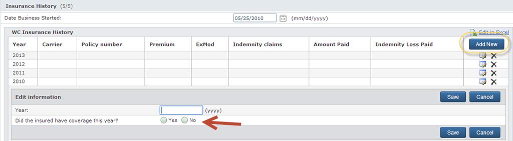 7. To add a new location, enter payroll information or enter loss history, click on the blue Add button.