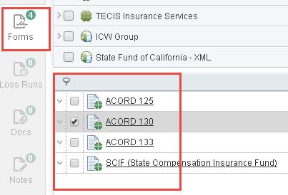 appropriate Acord form by selecting the checkbox to the
