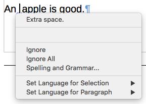 In the final section of the menu, you can set the language for the selection or the paragraph.