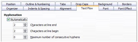 2) On the Paragraph Style dialog, select the Text Flow tab. Figure 15: Turning on automatic hyphenation 3) Under Hyphenation, select or deselect the Automatically option. 4) Click OK to save.