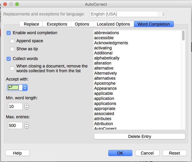 Figure 18: Customizing word completion You can customize word completion from the Word Completion page of the AutoCorrect dialog (Figure 18). Add (append) a space automatically after an accepted word.