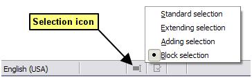To change to block selection mode, use Edit > Selection Mode > Block Area, or press Ctrl+F8, or click on the Selection icon in the status bar and select Block selection from the list.