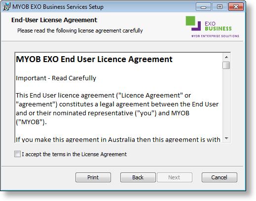 2. Click Next. The MYOB EXO End User Licence Agreement is displayed: 3.