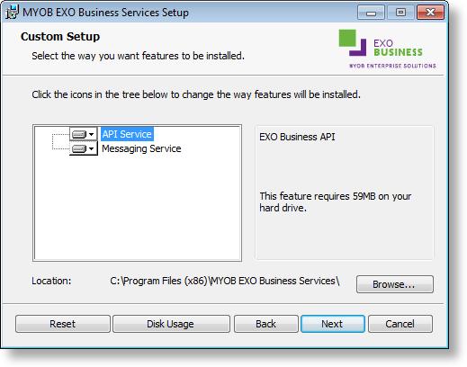 Choose from: The EXO API Service The EXO Messaging Service Note: The API configuration utilities are always installed (see