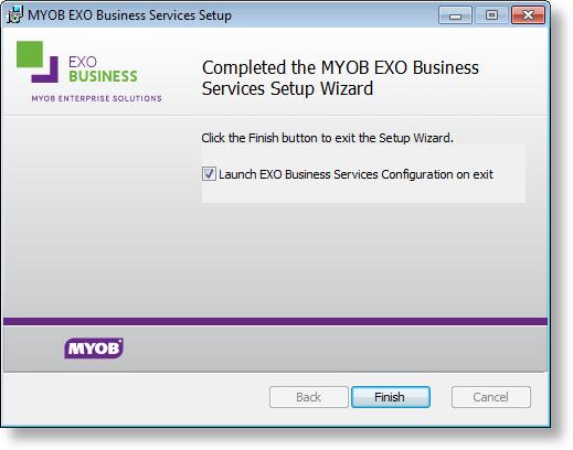 8. Once the installation is complete, click Finish to close the wizard. You can choose to open the EXO Business Service Configuration utility to set up details of the EXO API services (see page 6).